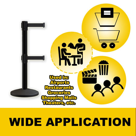 Retractable Dual Belt Barrier Stanchion, Sloped Base, 14 ft Belt - Montour Line M650D - Crowd Control Warehouse