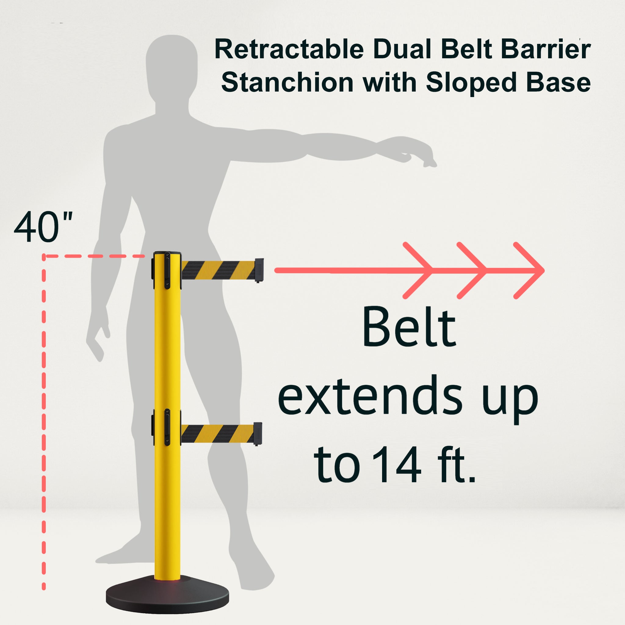 Retractable Dual Belt Barrier Stanchion, Sloped Base, 14 ft Belt - Montour Line M650D - Crowd Control Warehouse