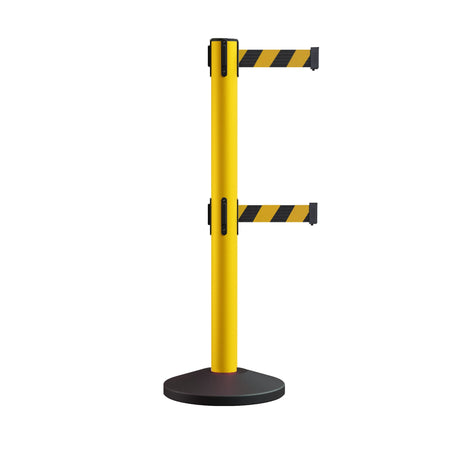 Retractable Dual Belt Barrier Stanchion, Sloped Base, 14 ft Belt - Montour Line M650D - Crowd Control Warehouse