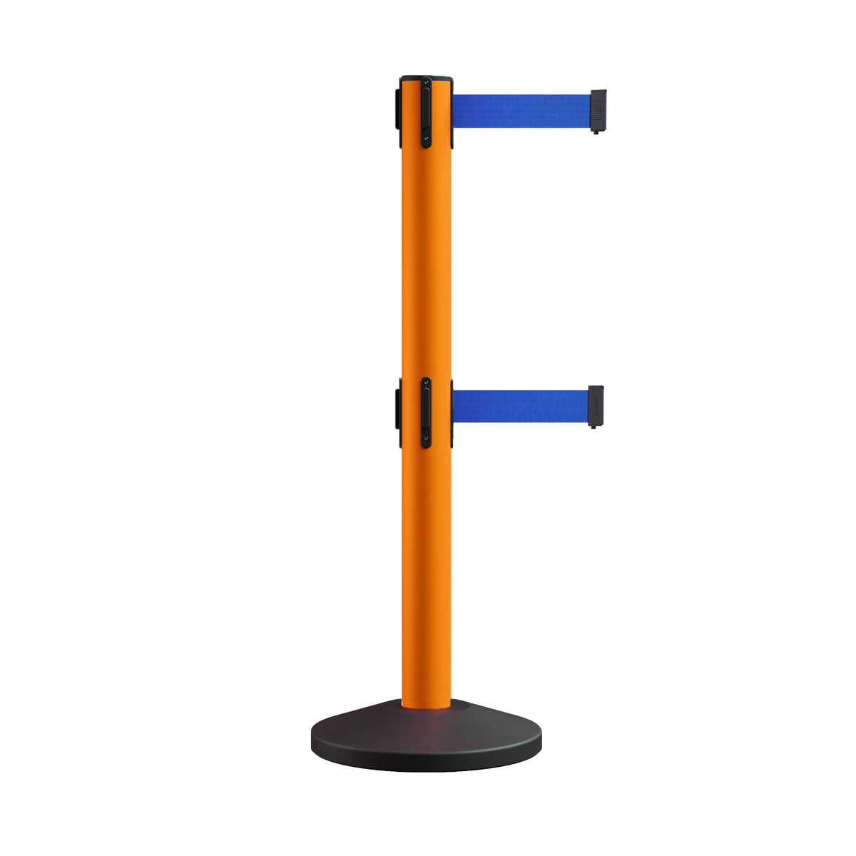 Retractable Dual Belt Barrier Stanchion, Sloped Base, 14 ft Belt - Montour Line M650D - Crowd Control Warehouse