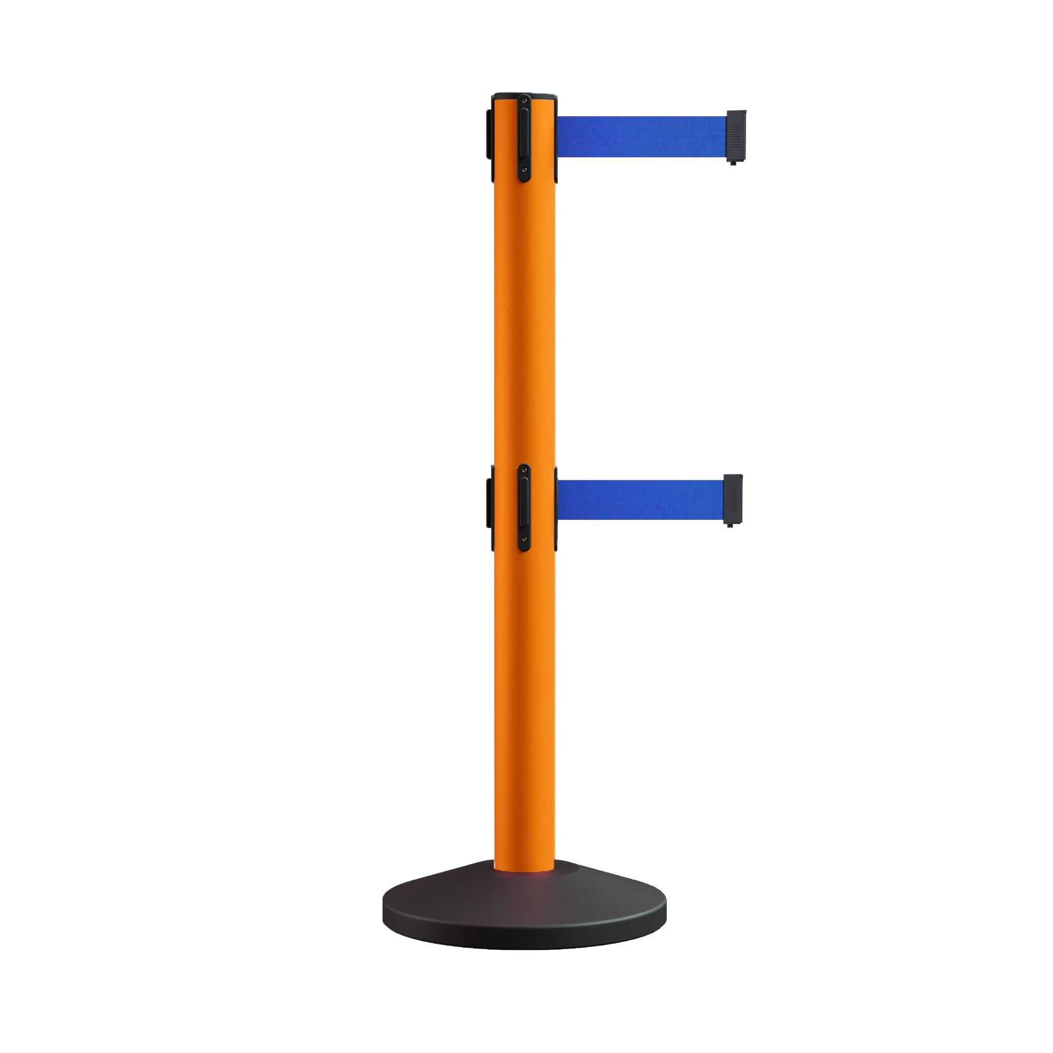 Retractable Dual Belt Barrier Stanchion, Sloped Base, 14 ft Belt - Montour Line M650D - Crowd Control Warehouse