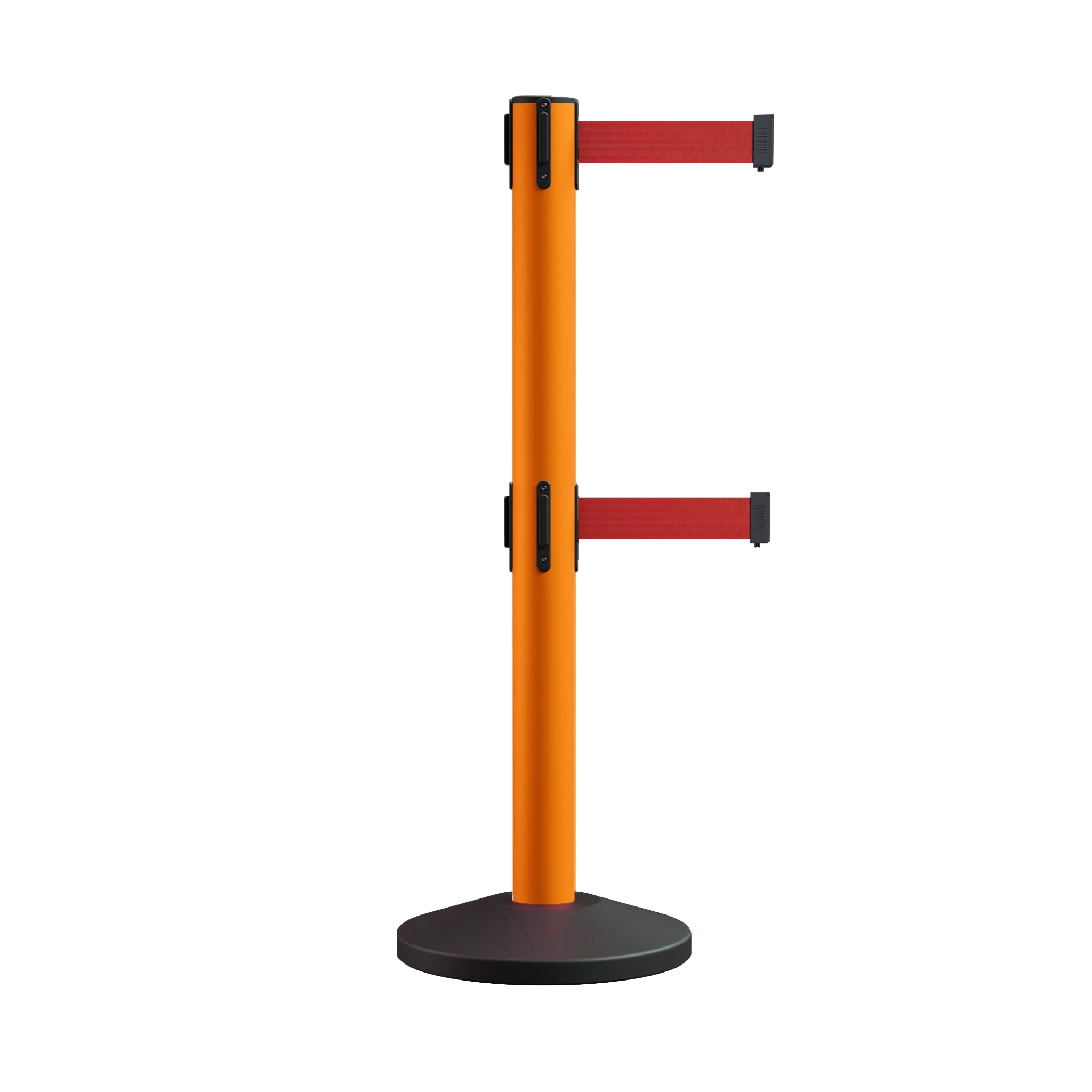 Retractable Dual Belt Barrier Stanchion, Sloped Base, 14 ft Belt - Montour Line M650D - Crowd Control Warehouse
