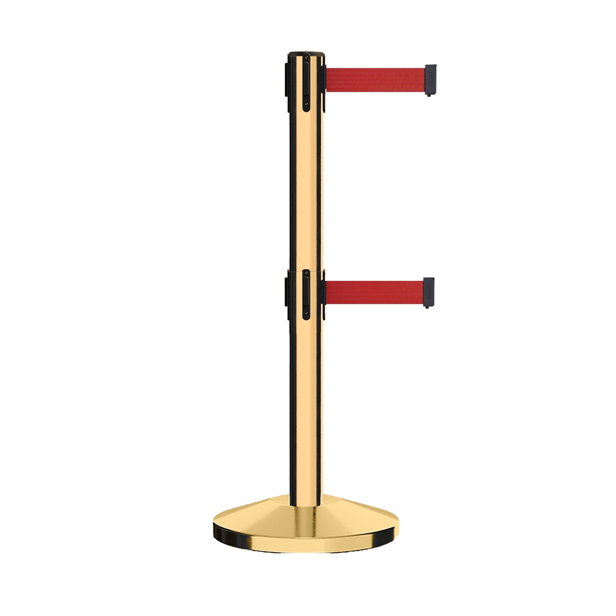 Retractable Dual Belt Barrier Stanchion, Sloped Base, 14 ft Belt - Montour Line M650D - Crowd Control Warehouse