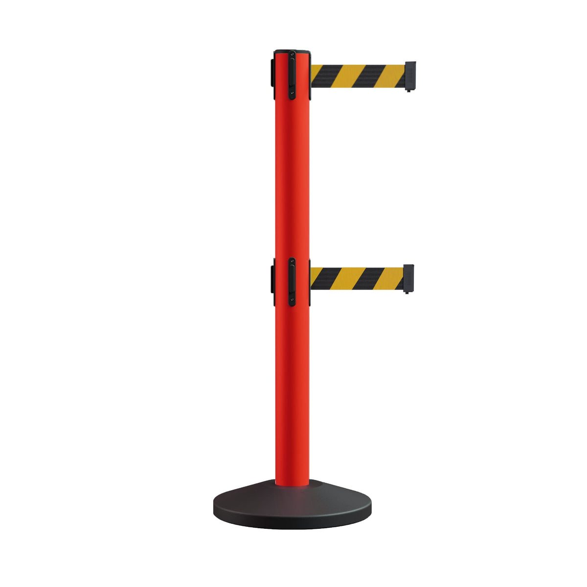 Retractable Dual Belt Barrier Stanchion, Sloped Base, 14 ft Belt - Montour Line M650D - Crowd Control Warehouse
