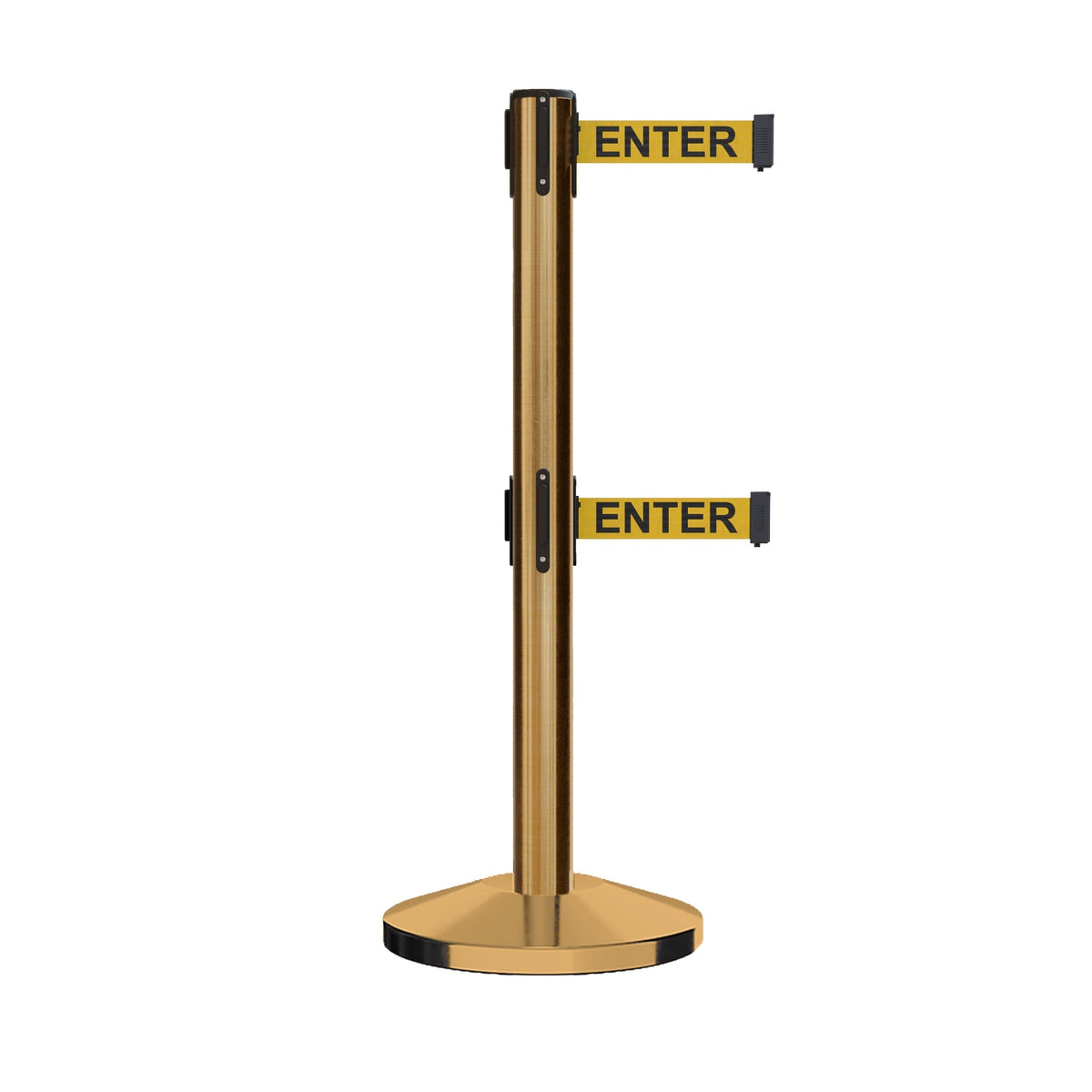 Retractable Dual Belt Barrier Stanchion, Sloped Base, 14 ft Belt - Montour Line M650D - Crowd Control Warehouse