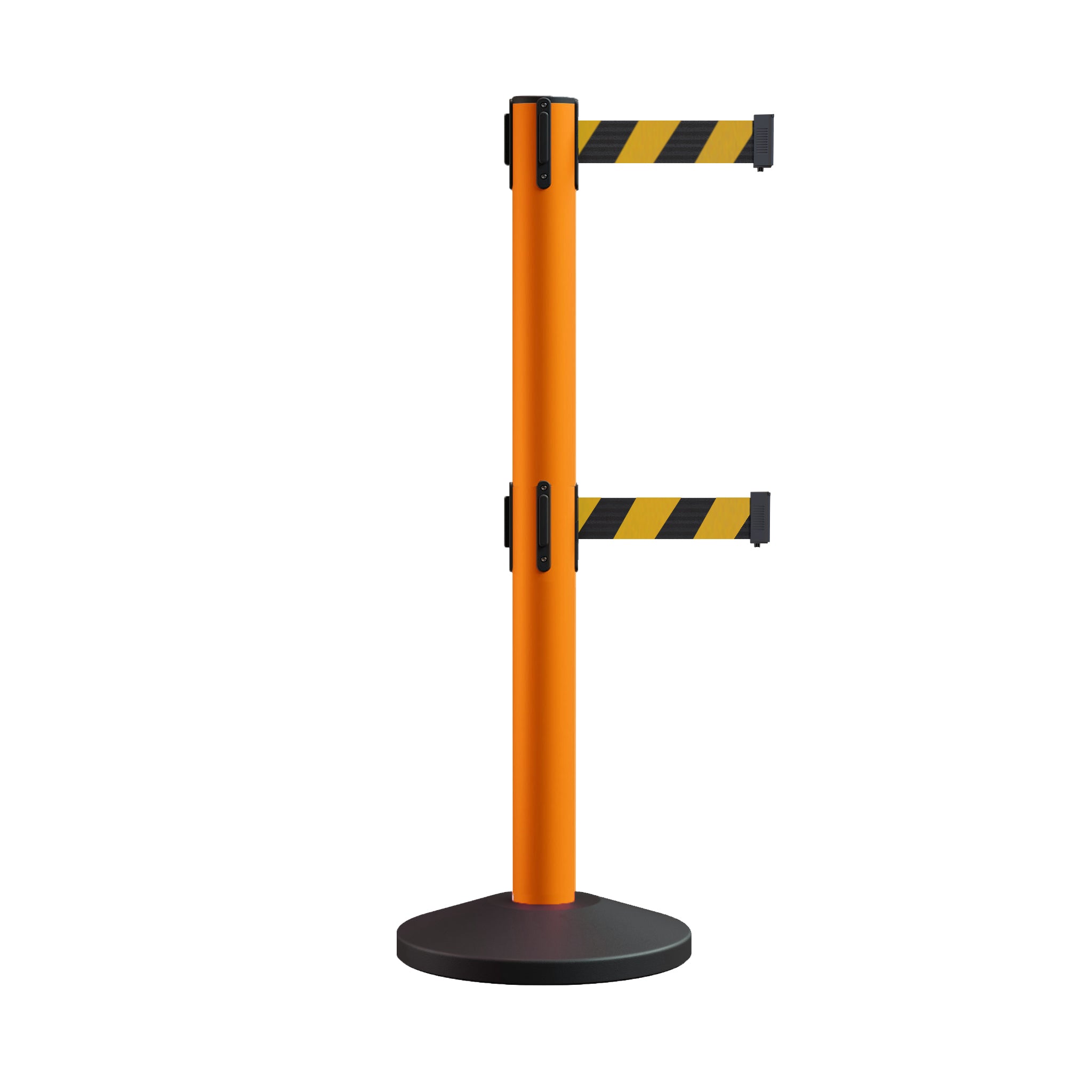 Retractable Dual Belt Barrier Stanchion, Sloped Base, 14 ft Belt - Montour Line M650D - Crowd Control Warehouse