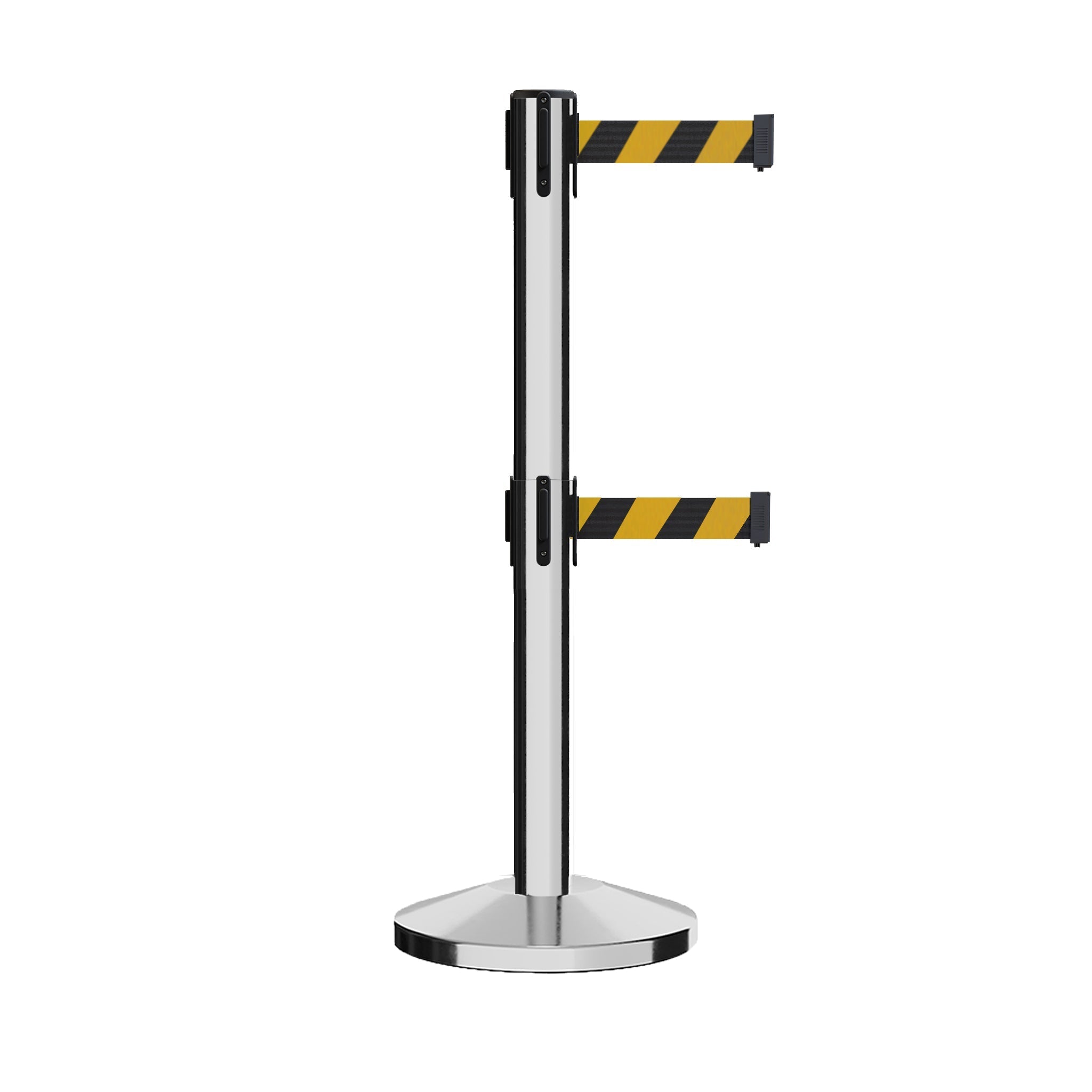Retractable Dual Belt Barrier Stanchion, Sloped Base, 14 ft Belt - Montour Line M650D - Crowd Control Warehouse
