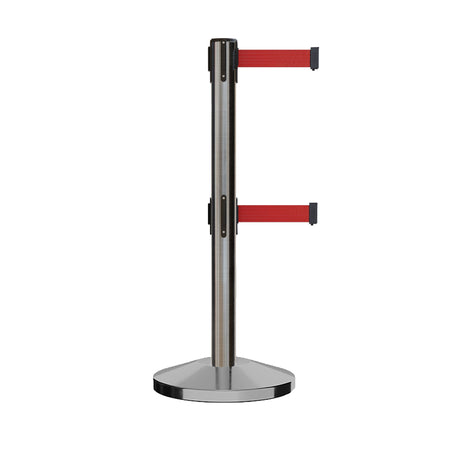 Retractable Dual Belt Barrier Stanchion, Sloped Base, 14 ft Belt - Montour Line M650D - Crowd Control Warehouse