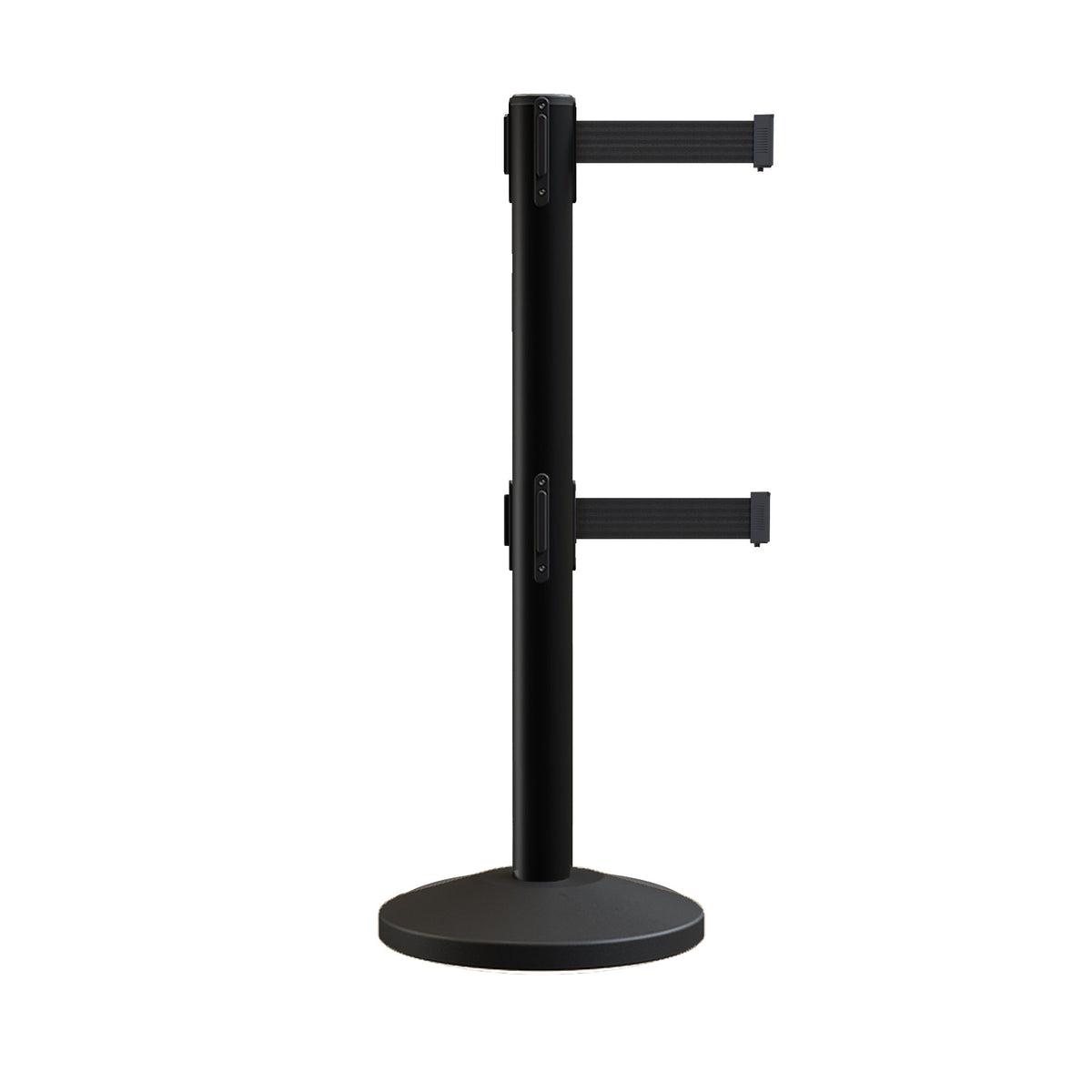 Retractable Dual Belt Barrier Stanchion, Sloped Base, 14 ft Belt - Montour Line M650D - Crowd Control Warehouse