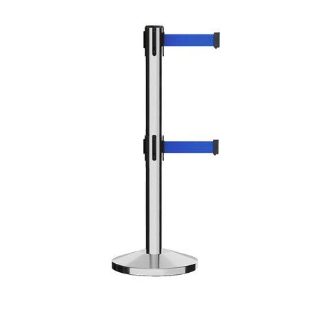 Retractable Dual Belt Barrier Stanchion, Sloped Base, 14 ft Belt - Montour Line M650D - Crowd Control Warehouse