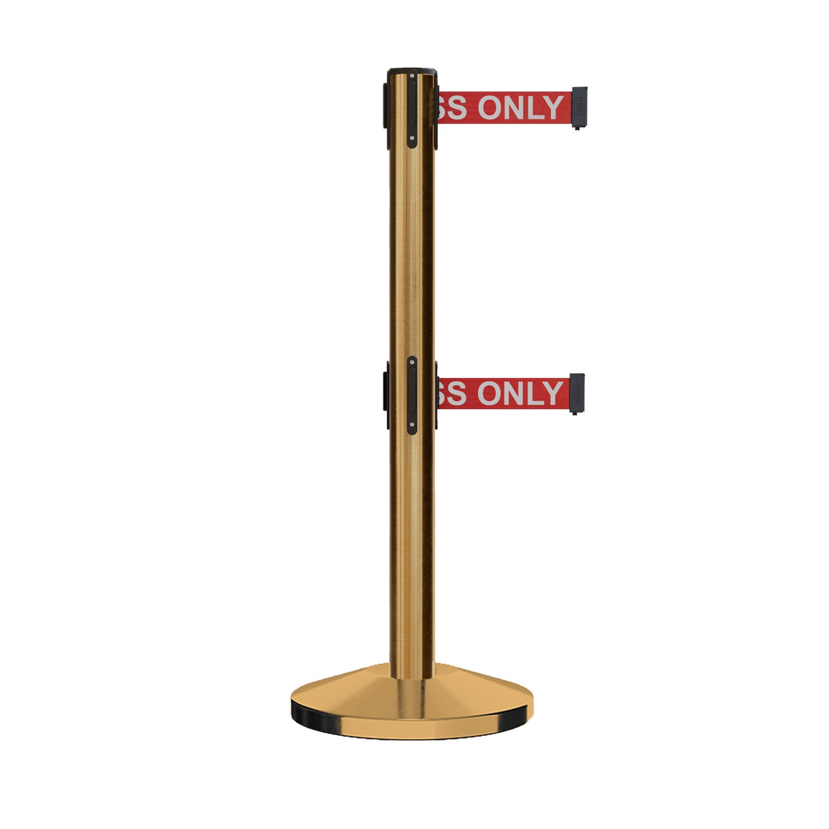 Retractable Dual Belt Barrier Stanchion, Sloped Base, 14 ft Belt - Montour Line M650D - Crowd Control Warehouse