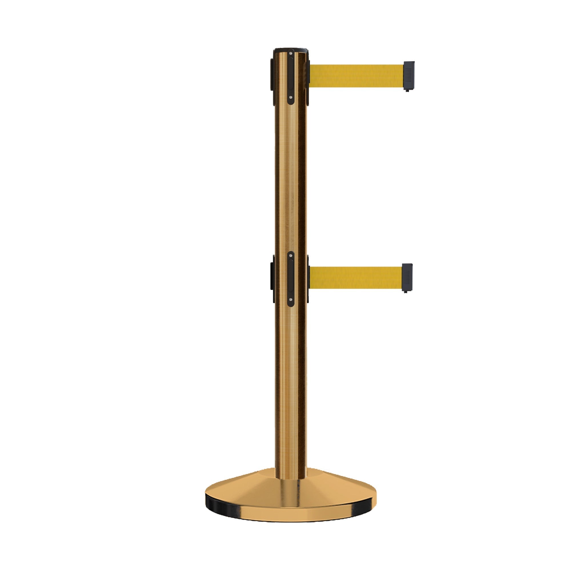 Retractable Dual Belt Barrier Stanchion, Sloped Base, 14 ft Belt - Montour Line M650D - Crowd Control Warehouse