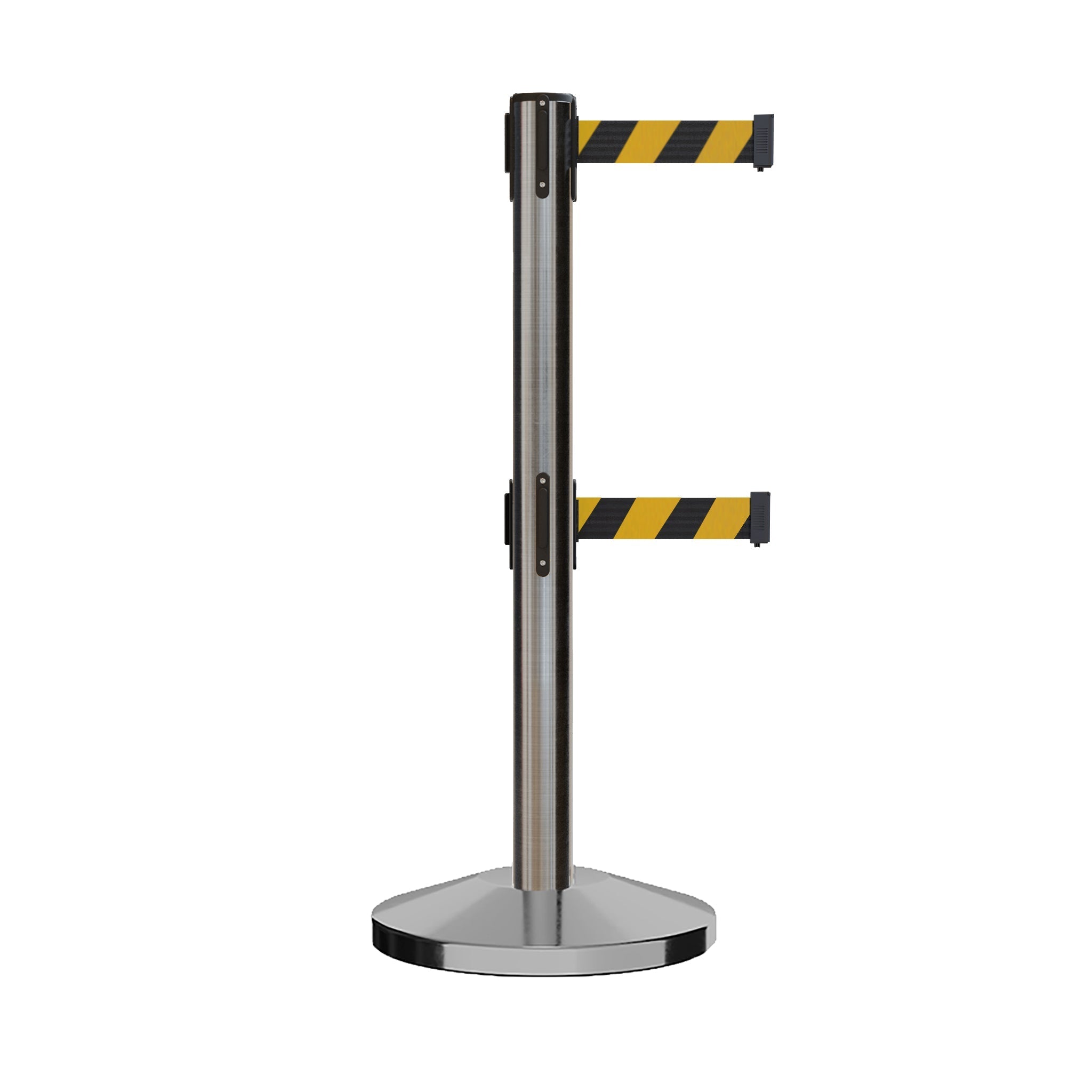 Retractable Dual Belt Barrier Stanchion, Sloped Base, 14 ft Belt - Montour Line M650D - Crowd Control Warehouse