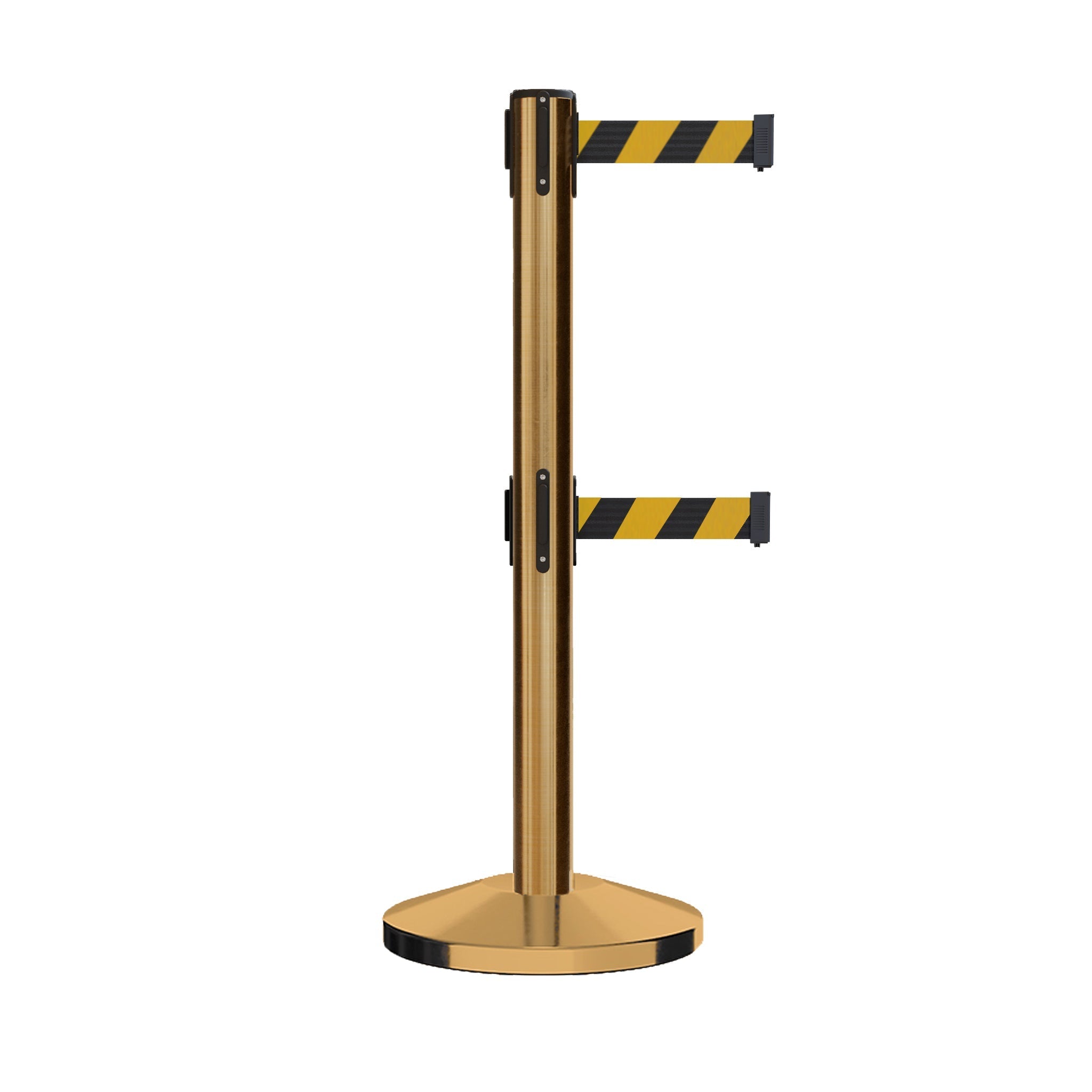 Retractable Dual Belt Barrier Stanchion, Sloped Base, 14 ft Belt - Montour Line M650D - Crowd Control Warehouse