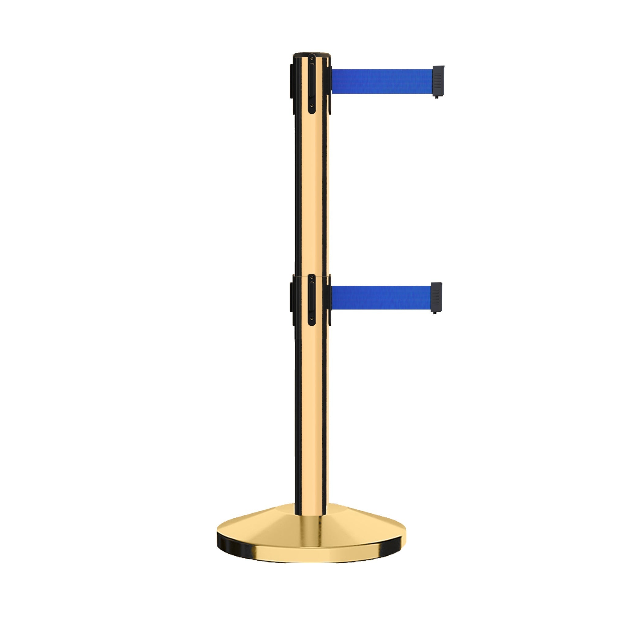 Retractable Dual Belt Barrier Stanchion, Sloped Base, 14 ft Belt - Montour Line M650D - Crowd Control Warehouse
