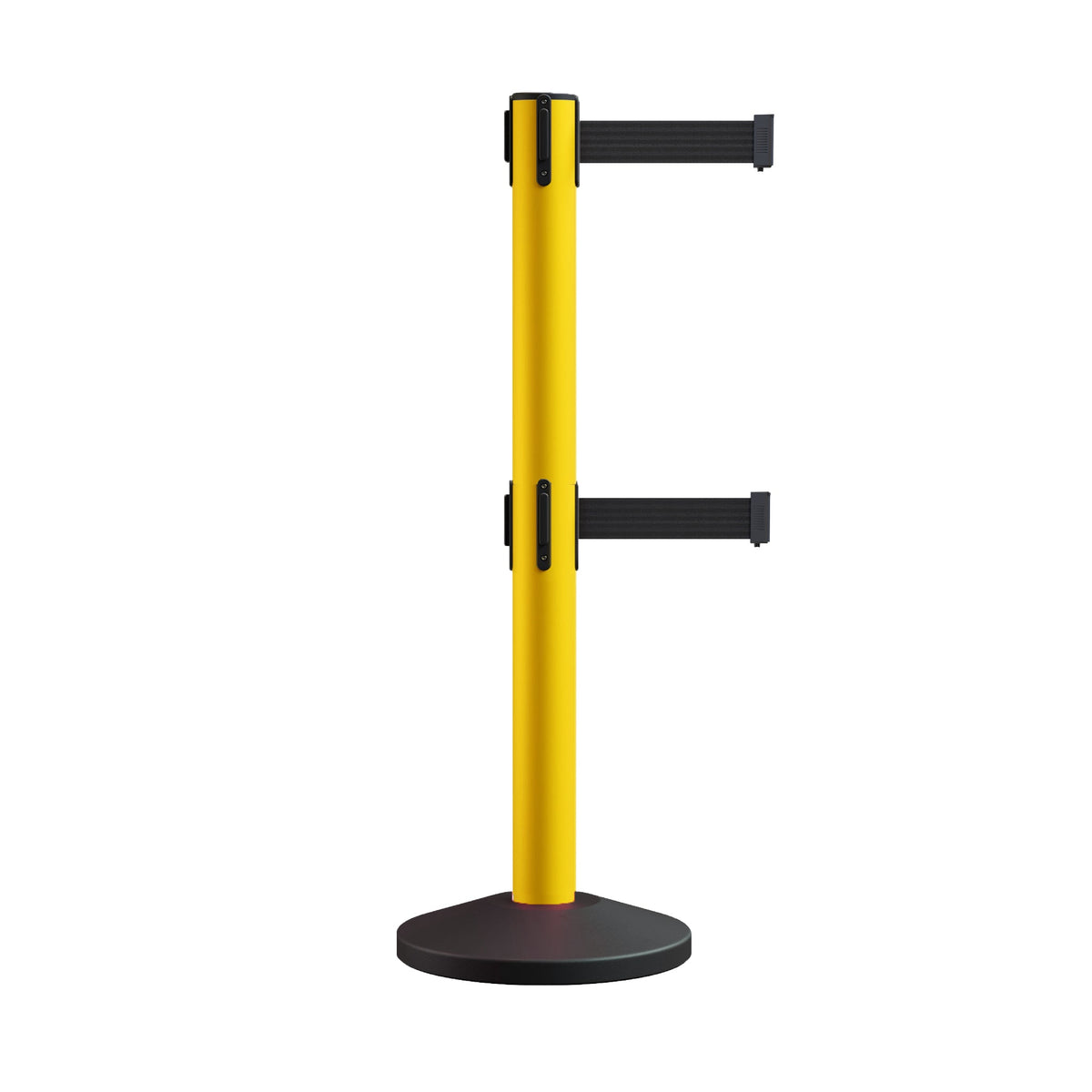 Retractable Dual Belt Barrier Stanchion, Sloped Base, 16 ft Belt - Montour Line M650D - Crowd Control Warehouse