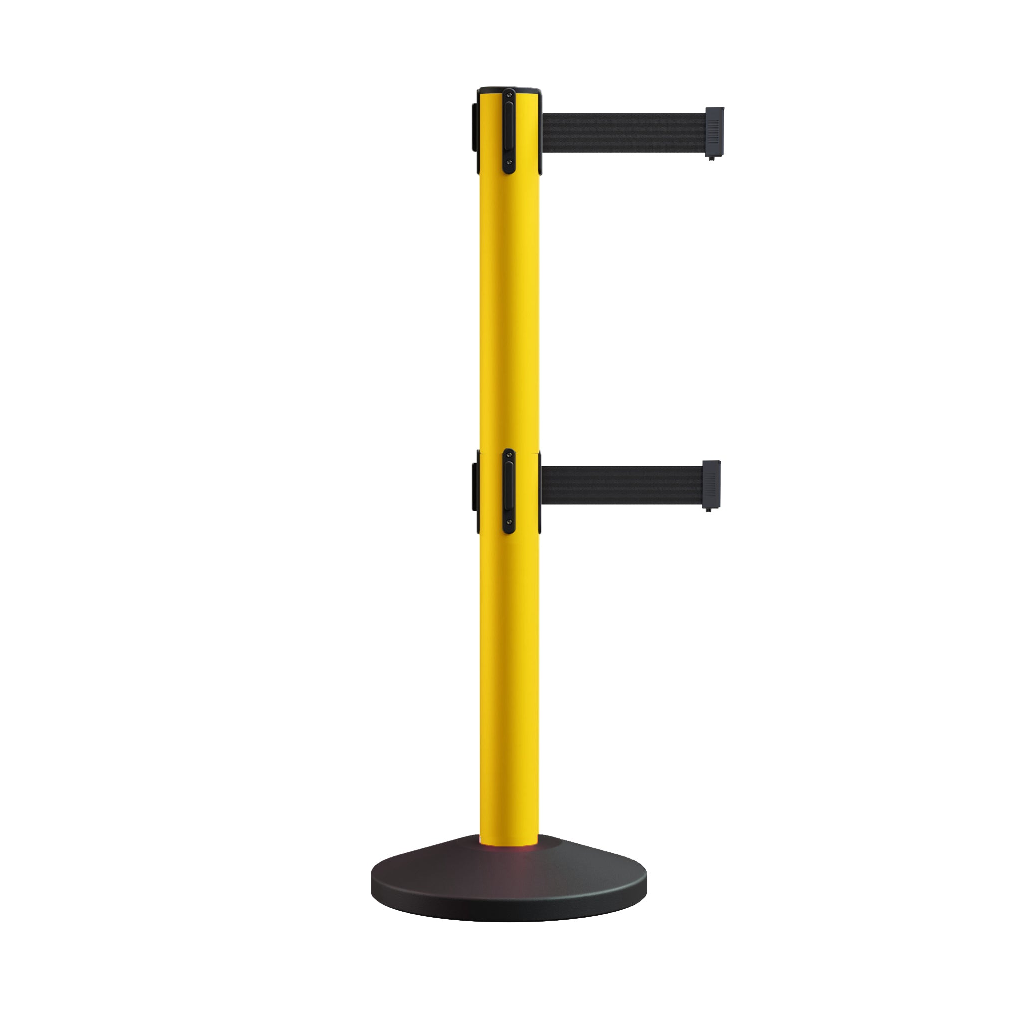 Retractable Dual Belt Barrier Stanchion, Sloped Base, 16 ft Belt - Montour Line M650D - Crowd Control Warehouse