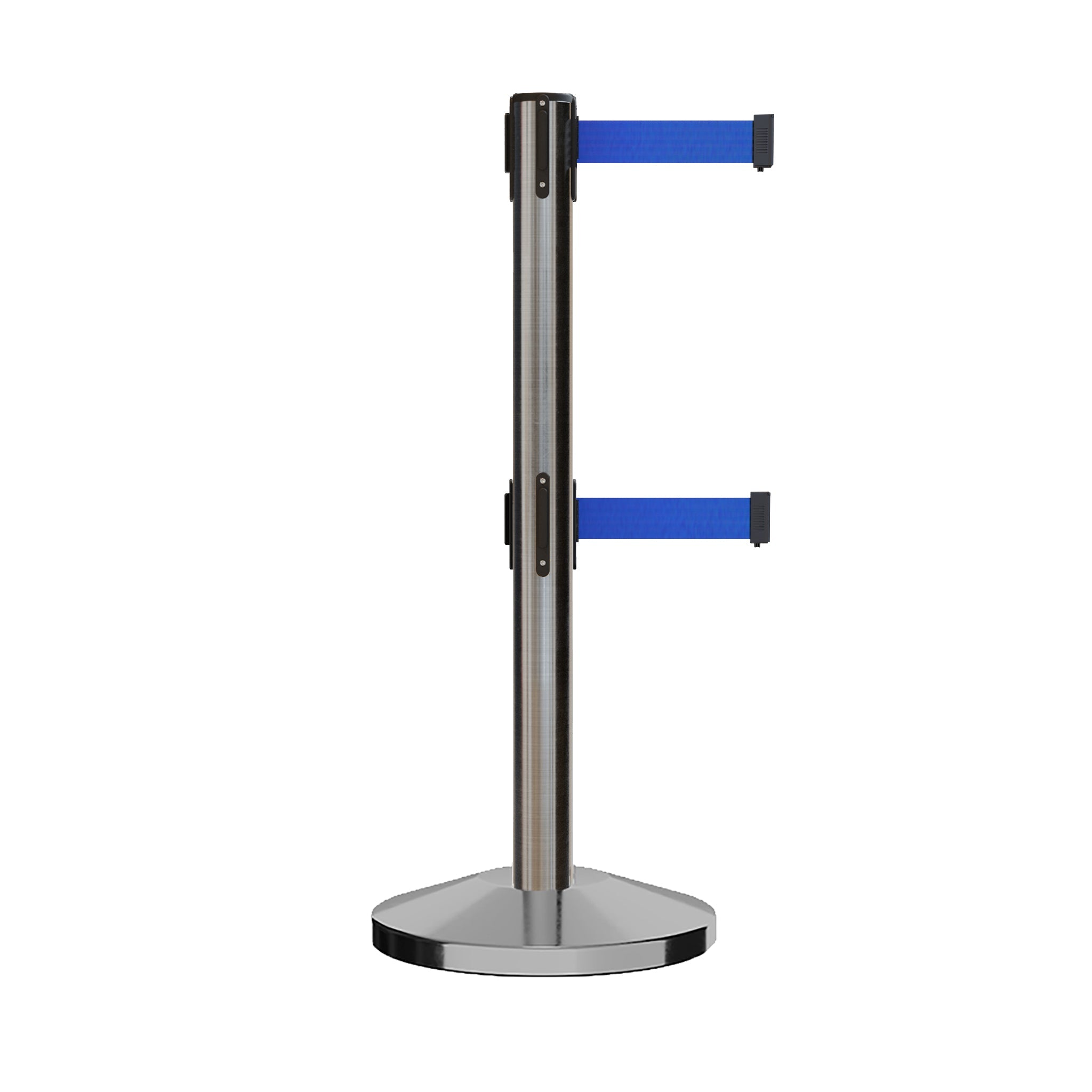 Retractable Dual Belt Barrier Stanchion, Sloped Base, 16 ft Belt - Montour Line M650D - Crowd Control Warehouse