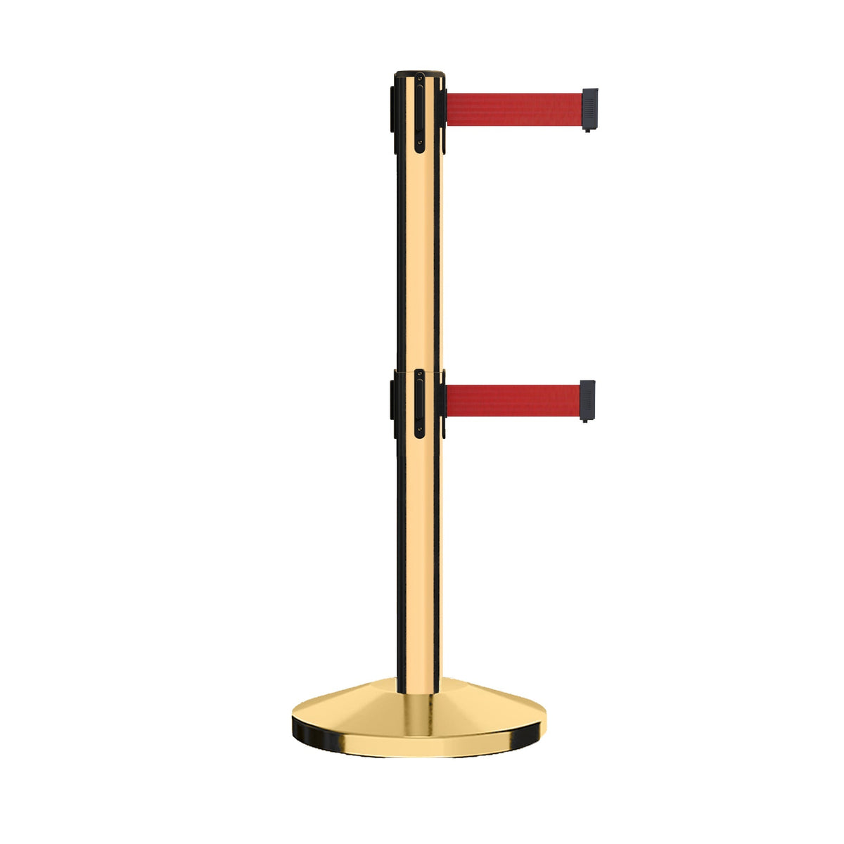 Retractable Dual Belt Barrier Stanchion, Sloped Base, 16 ft Belt - Montour Line M650D - Crowd Control Warehouse