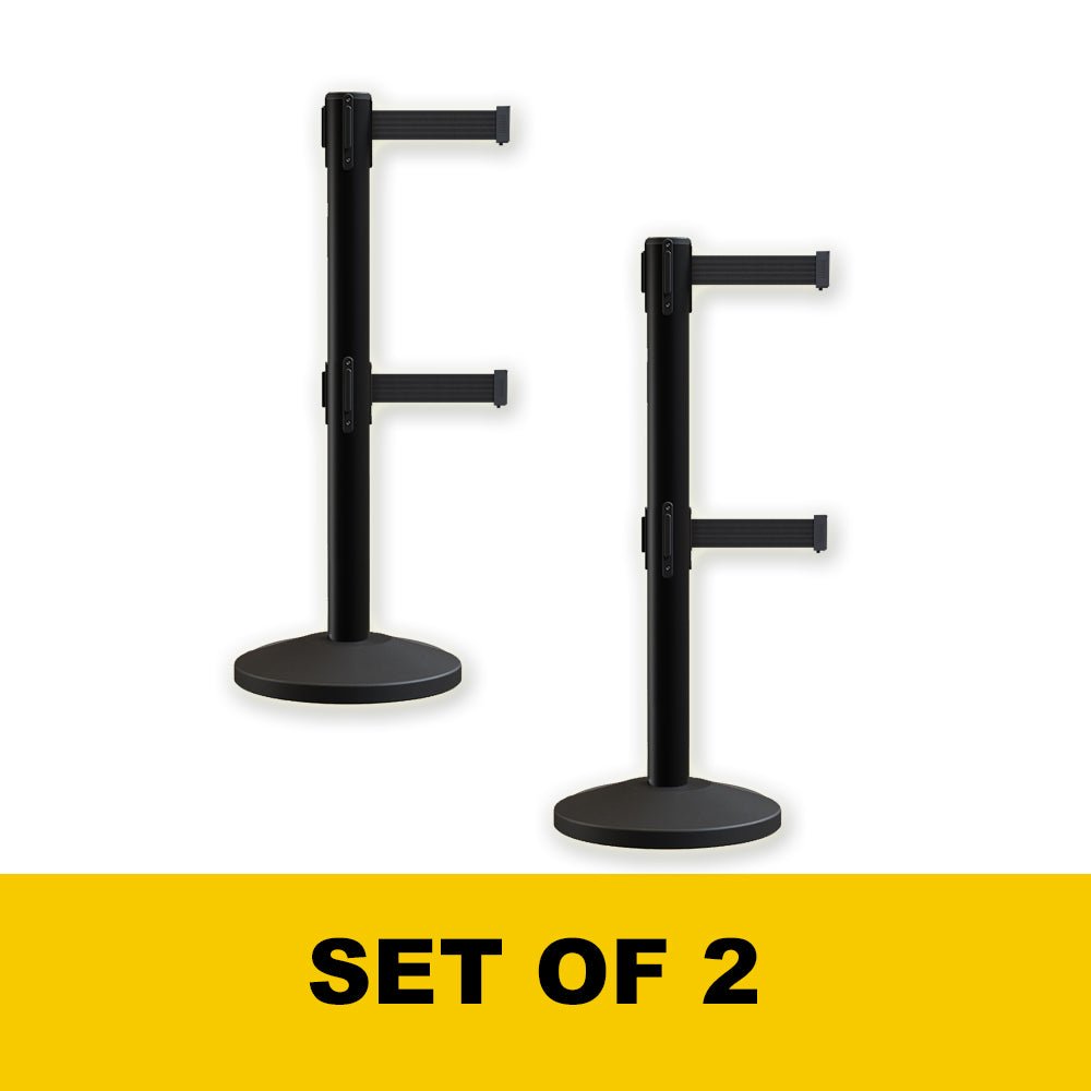 Retractable Dual Belt Barrier Stanchion, Sloped Base, 16 ft Belt - Montour Line M650D - Crowd Control Warehouse