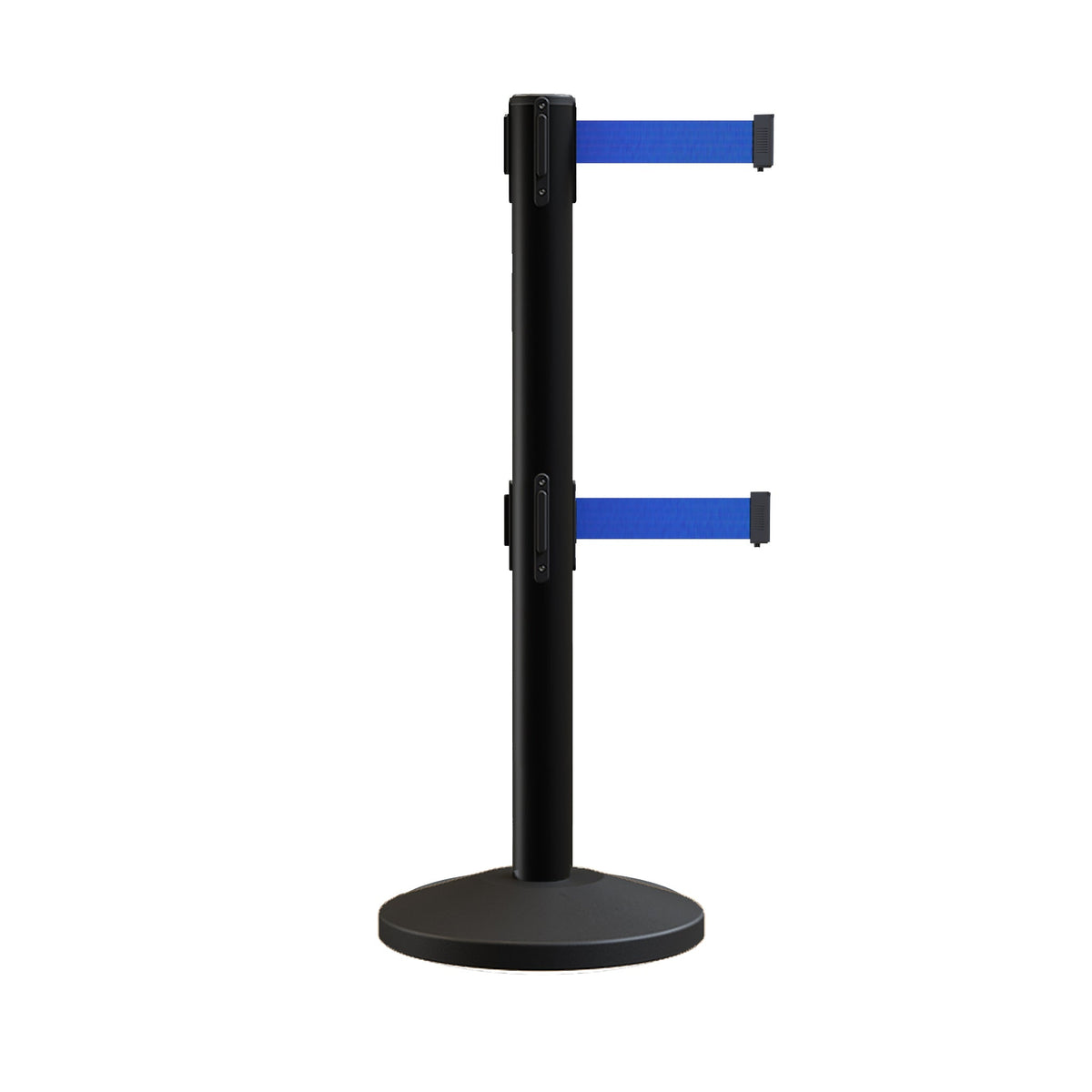 Retractable Dual Belt Barrier Stanchion, Sloped Base, 16 ft Belt - Montour Line M650D - Crowd Control Warehouse