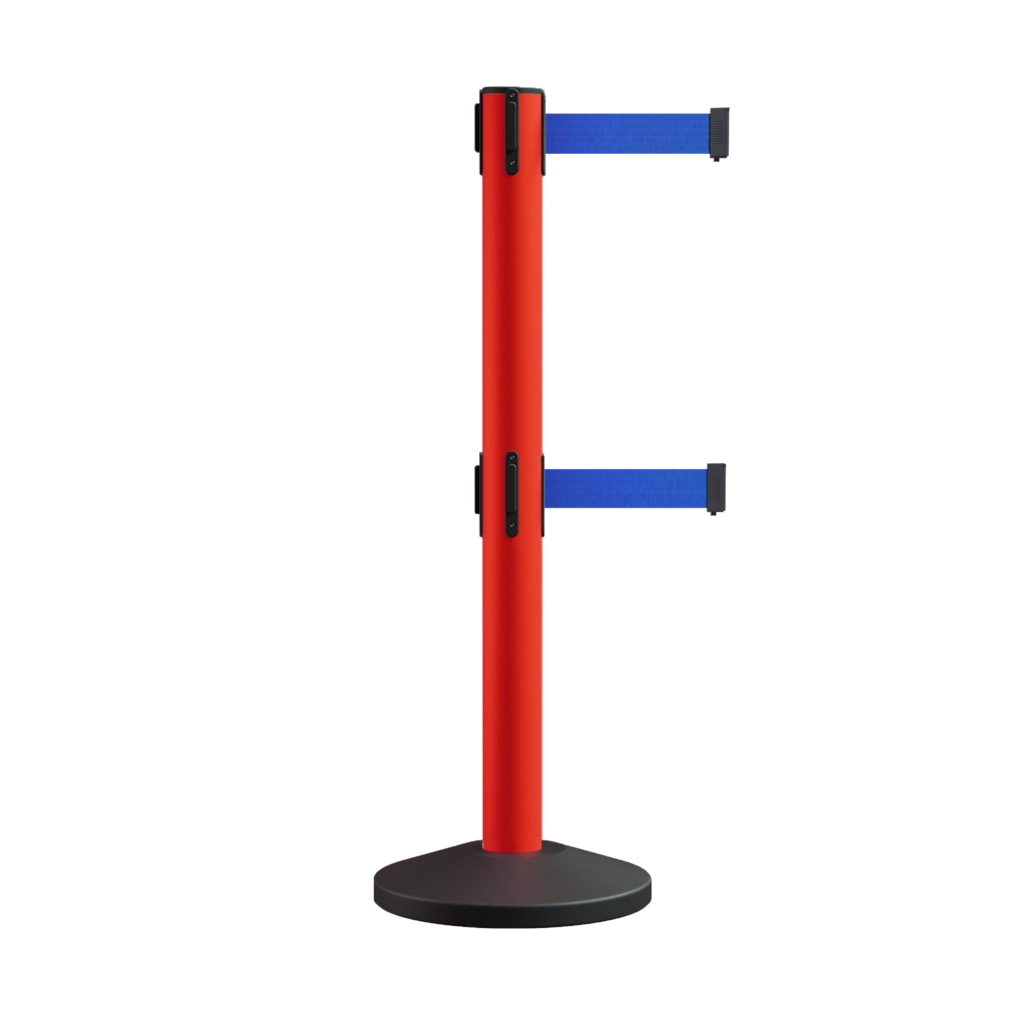 Retractable Dual Belt Barrier Stanchion, Sloped Base, 16 ft Belt - Montour Line M650D - Crowd Control Warehouse