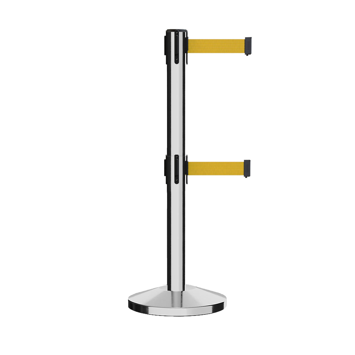Retractable Dual Belt Barrier Stanchion, Sloped Base, 16 ft Belt - Montour Line M650D - Crowd Control Warehouse
