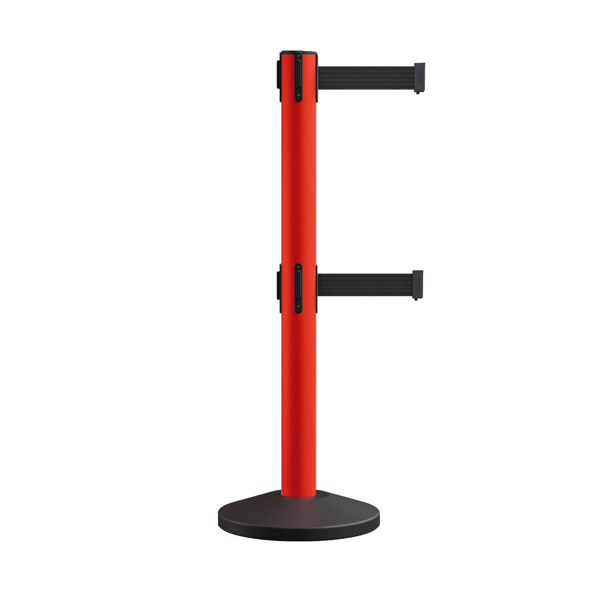 Retractable Dual Belt Barrier Stanchion, Sloped Base, 16 ft Belt - Montour Line M650D - Crowd Control Warehouse