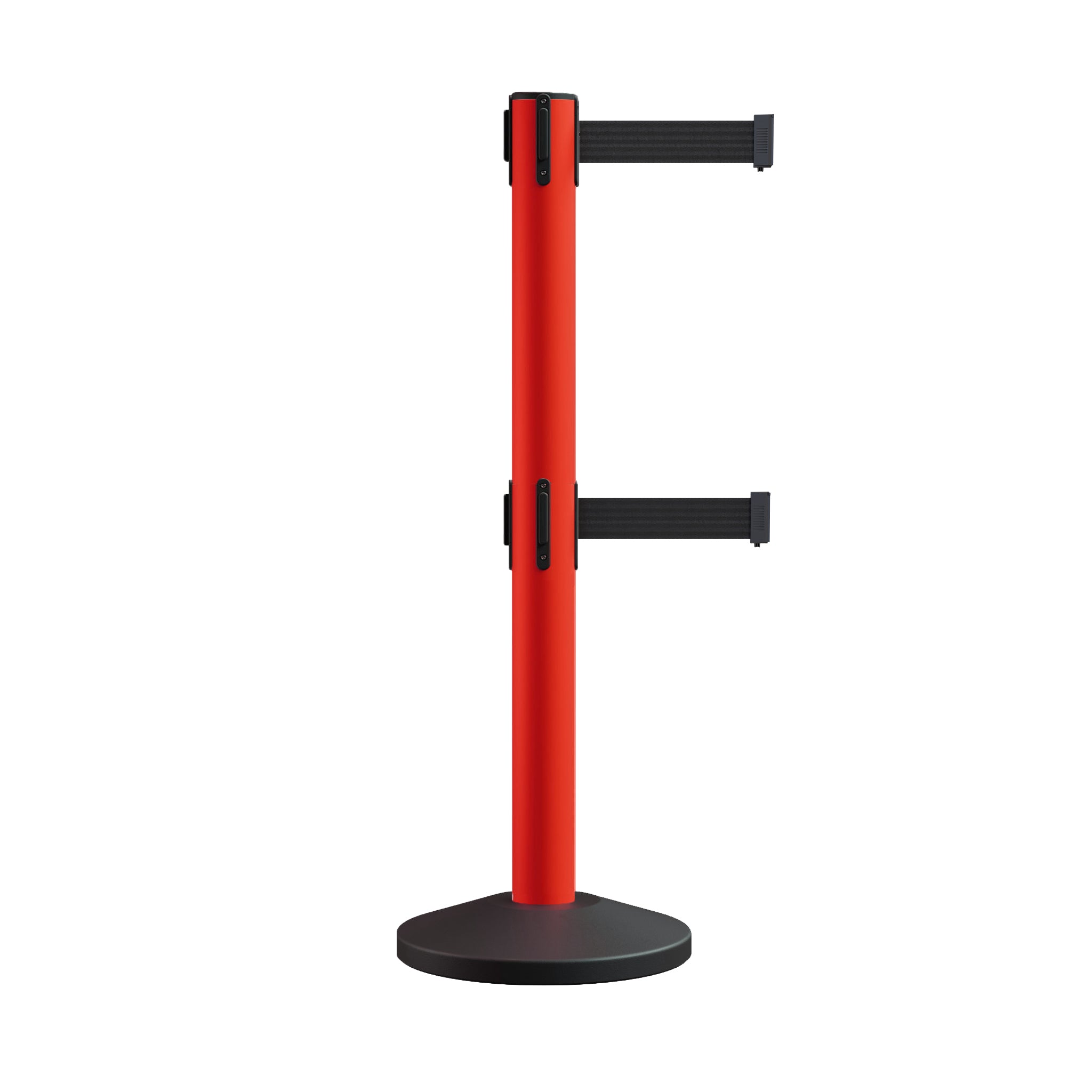 Retractable Dual Belt Barrier Stanchion, Sloped Base, 16 ft Belt - Montour Line M650D - Crowd Control Warehouse