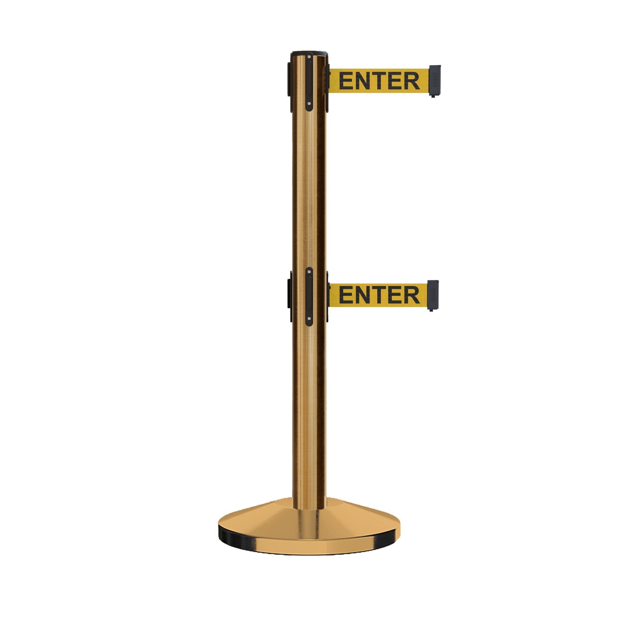 Retractable Dual Belt Barrier Stanchion, Sloped Base, 16 ft Belt - Montour Line M650D - Crowd Control Warehouse
