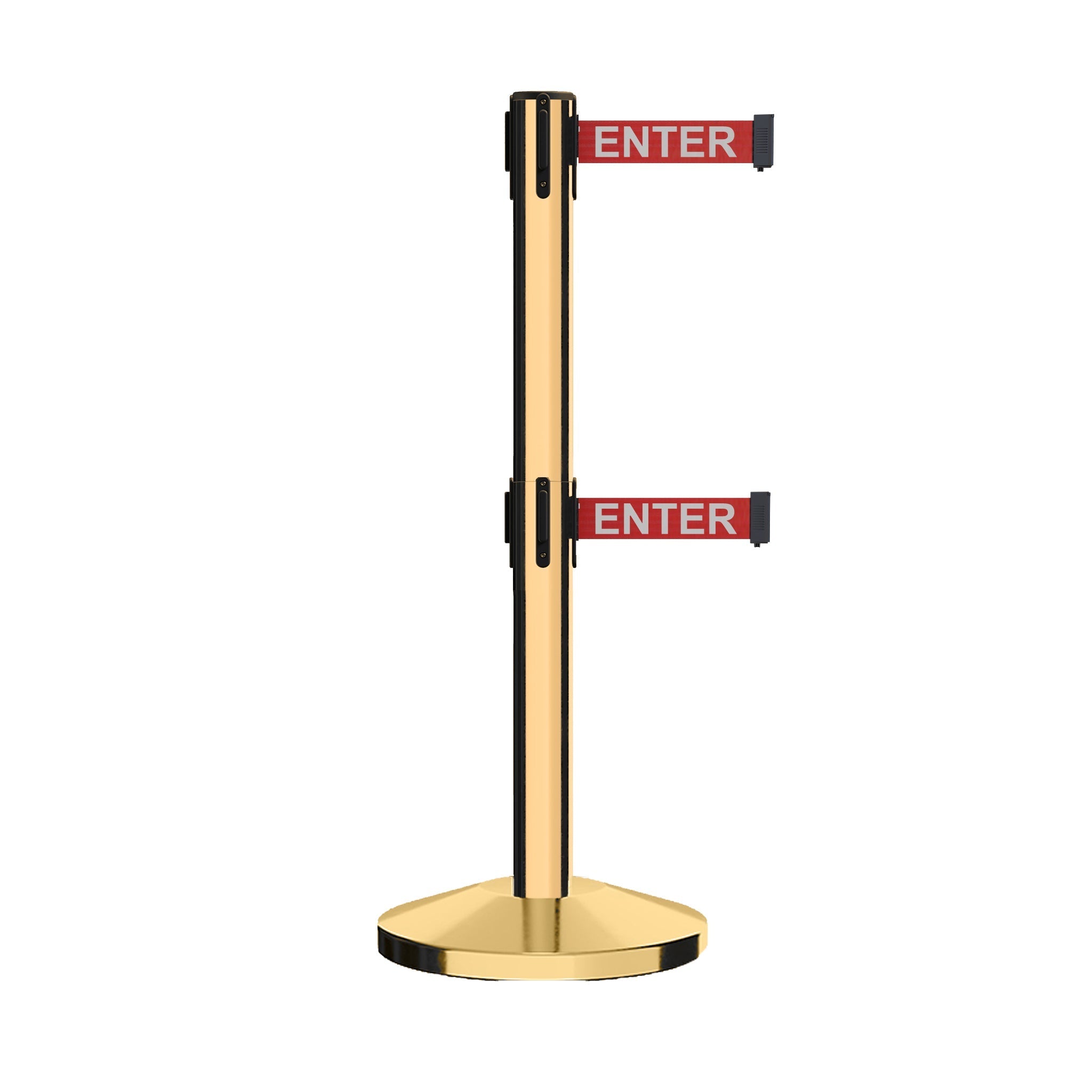 Retractable Dual Belt Barrier Stanchion, Sloped Base, 16 ft Belt - Montour Line M650D - Crowd Control Warehouse