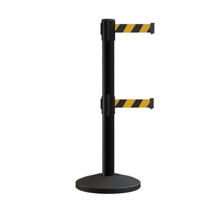 Retractable Dual Belt Barrier Stanchion, Sloped Base, 16 ft Belt - Montour Line M650D - Crowd Control Warehouse