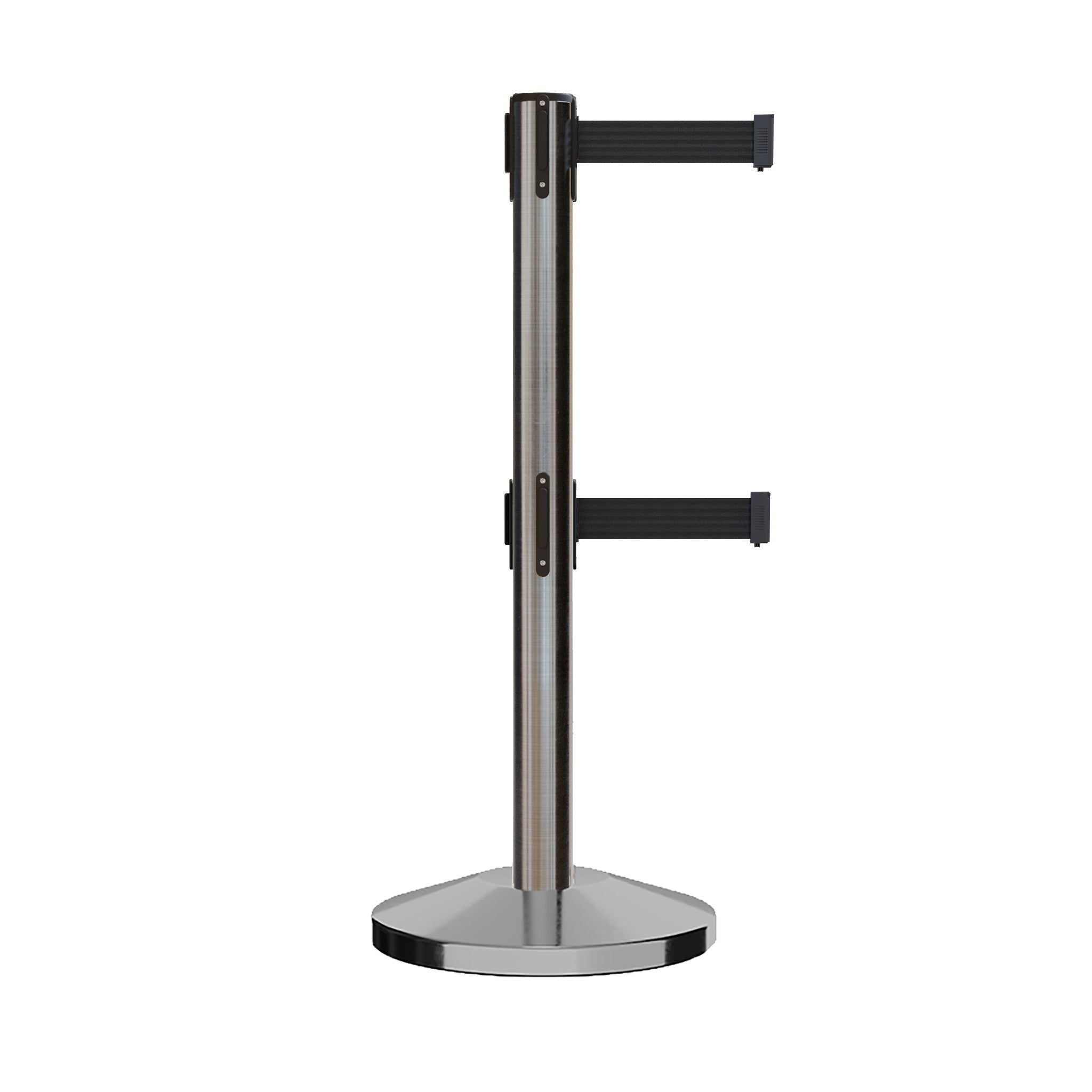Retractable Dual Belt Barrier Stanchion, Sloped Base, 16 ft Belt - Montour Line M650D - Crowd Control Warehouse