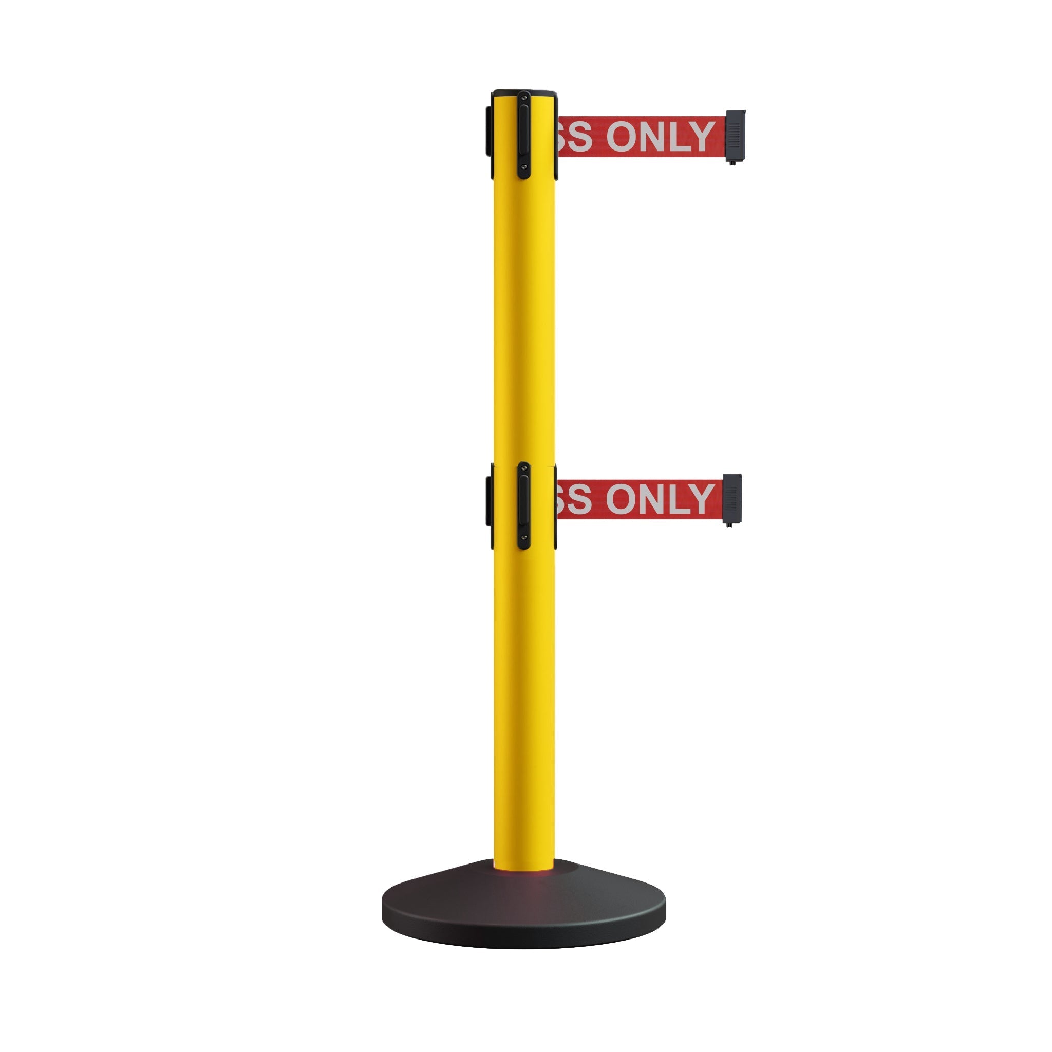 Retractable Dual Belt Barrier Stanchion, Sloped Base, 16 ft Belt - Montour Line M650D - Crowd Control Warehouse