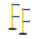 Retractable Dual Belt Belt Barrier Safety Stanchion, Yellow Post, Cast Iron Base, 7.5 Ft. Belt - Montour Line MSI630D - Crowd Control Warehouse