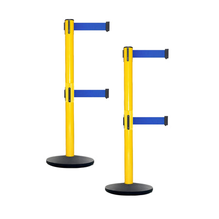 Retractable Dual Belt Belt Barrier Safety Stanchion, Yellow Post, Cast Iron Base, 7.5 Ft. Belt - Montour Line MSI630D - Crowd Control Warehouse