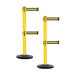 Retractable Dual Belt Belt Barrier Safety Stanchion, Yellow Post, Cast Iron Base, 7.5 Ft. Belt - Montour Line MSI630D - Crowd Control Warehouse