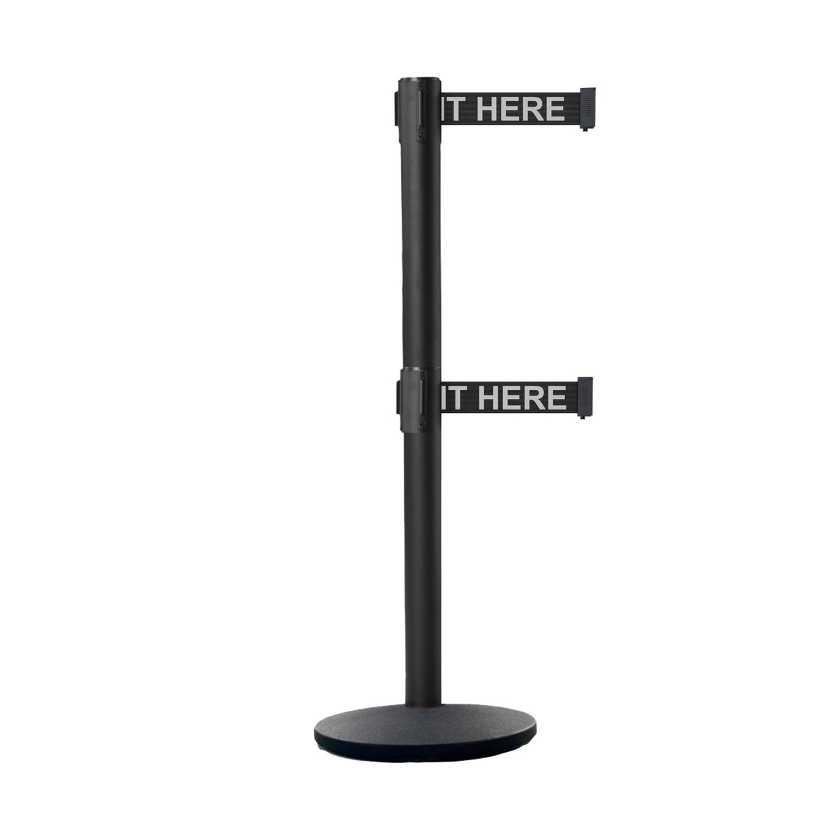Retractable Dual Belt Belt Barrier Stanchion, Black Post, Cast Iron Base, 11 Ft. Belt - Montour Line MI630D - Crowd Control Warehouse
