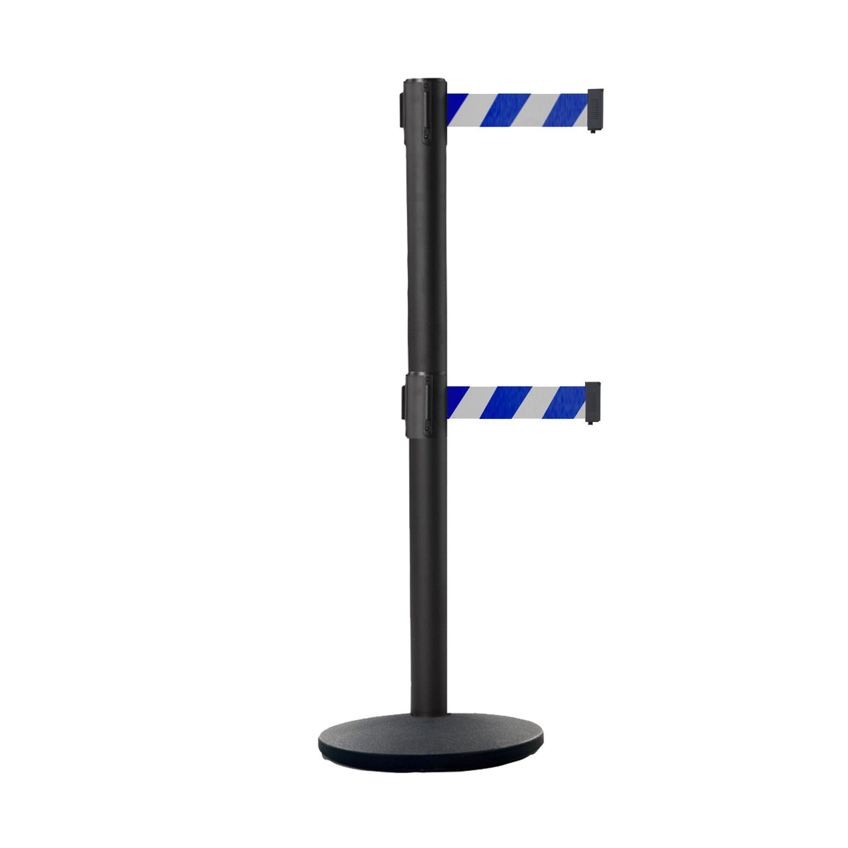 Retractable Dual Belt Belt Barrier Stanchion, Black Post, Cast Iron Base, 11 Ft. Belt - Montour Line MI630D - Crowd Control Warehouse