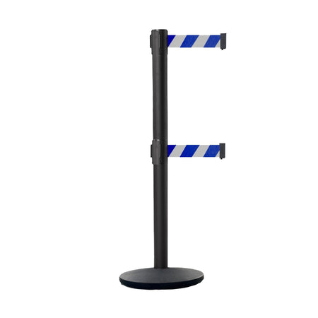 Retractable Dual Belt Belt Barrier Stanchion, Black Post, Cast Iron Base, 11 Ft. Belt - Montour Line MI630D - Crowd Control Warehouse