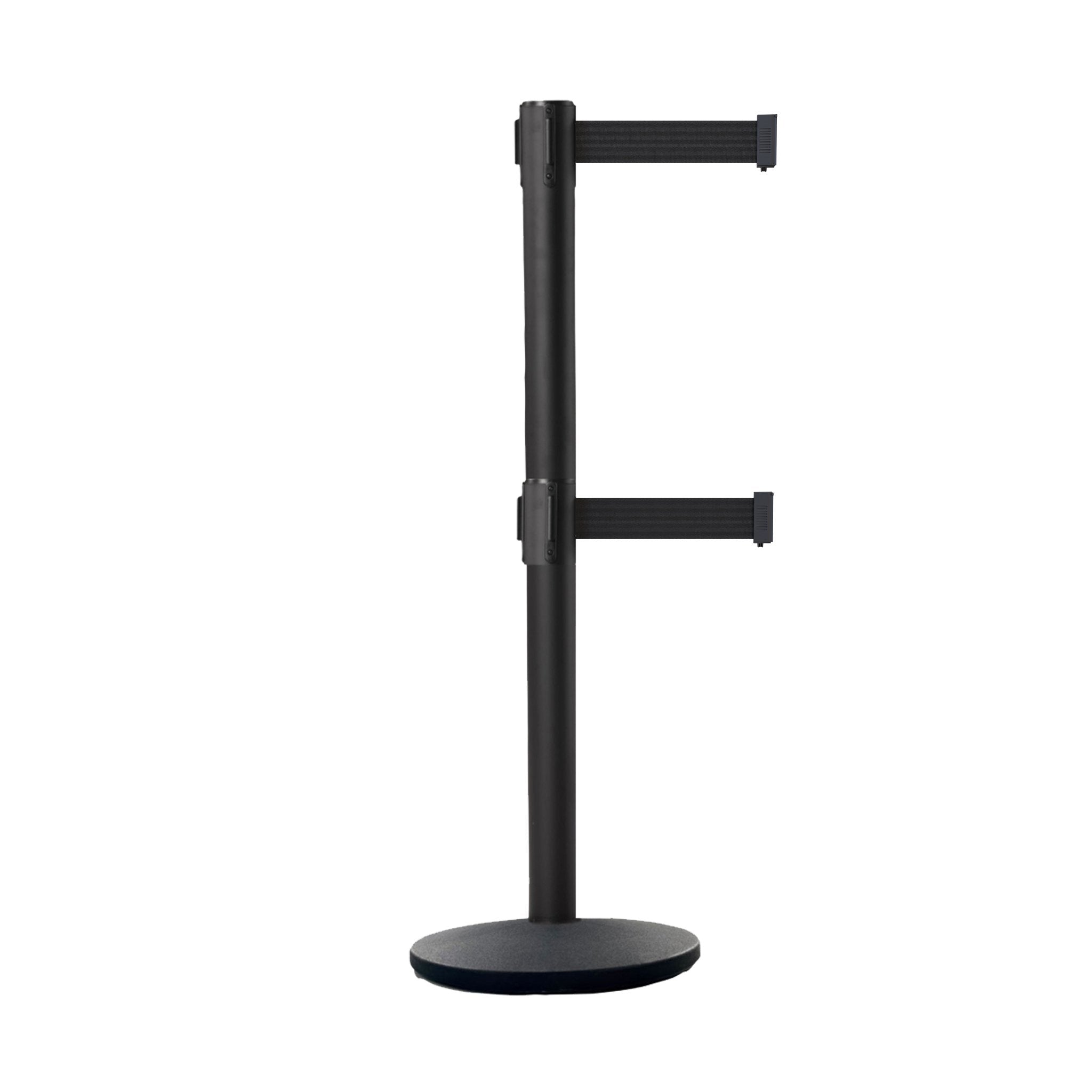 Retractable Dual Belt Belt Barrier Stanchion, Black Post, Cast Iron Base, 7.5 Ft. Belt - Montour Line MI630D - Crowd Control Warehouse