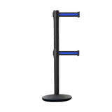 Retractable Dual Belt Belt Barrier Stanchion, Black Post, Cast Iron Base, 7.5 Ft. Belt - Montour Line MI630D - Crowd Control Warehouse