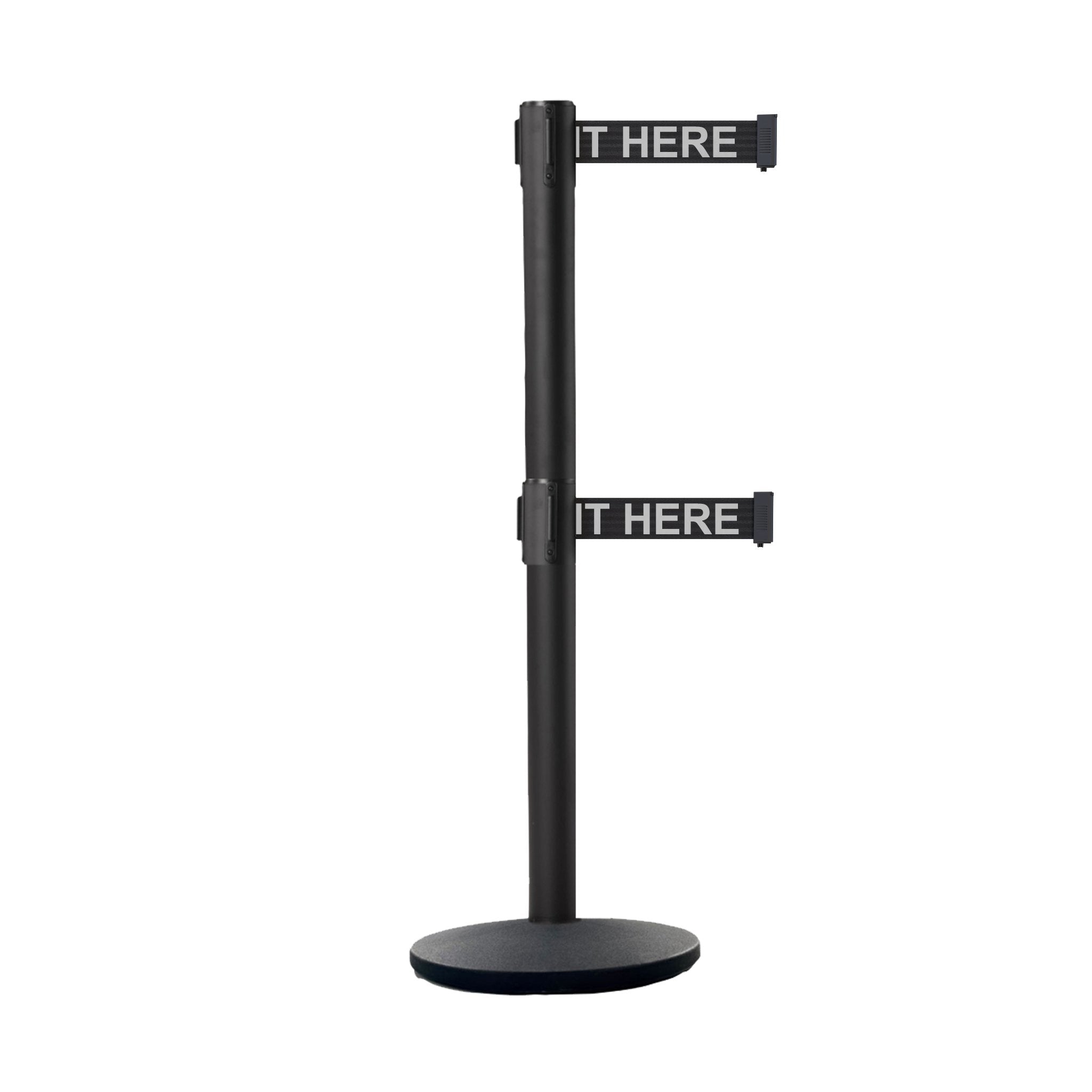Retractable Dual Belt Belt Barrier Stanchion, Black Post, Cast Iron Base, 7.5 Ft. Belt - Montour Line MI630D - Crowd Control Warehouse