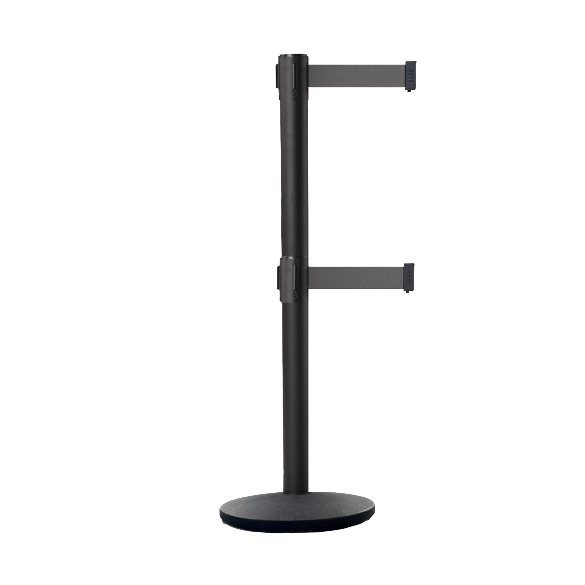 Retractable Dual Belt Belt Barrier Stanchion, Black Post, Cast Iron Base, 7.5 Ft. Belt - Montour Line MI630D - Crowd Control Warehouse