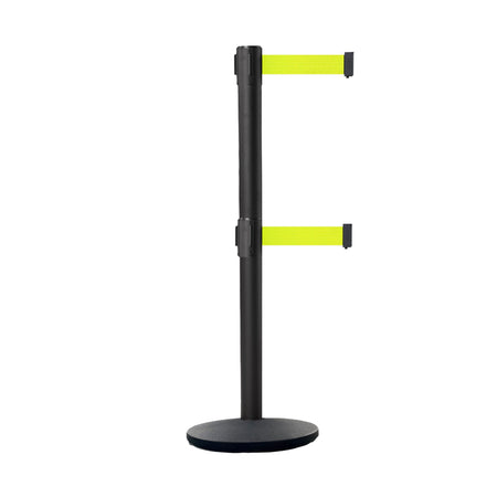 Retractable Dual Belt Belt Barrier Stanchion, Black Post, Cast Iron Base, 7.5 Ft. Belt - Montour Line MI630D - Crowd Control Warehouse