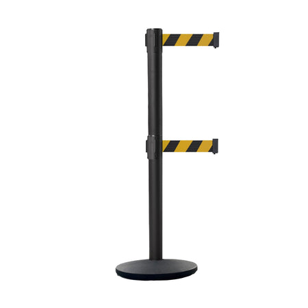 Retractable Dual Belt Belt Barrier Stanchion, Black Post, Cast Iron Base, 7.5 Ft. Belt - Montour Line MI630D - Crowd Control Warehouse