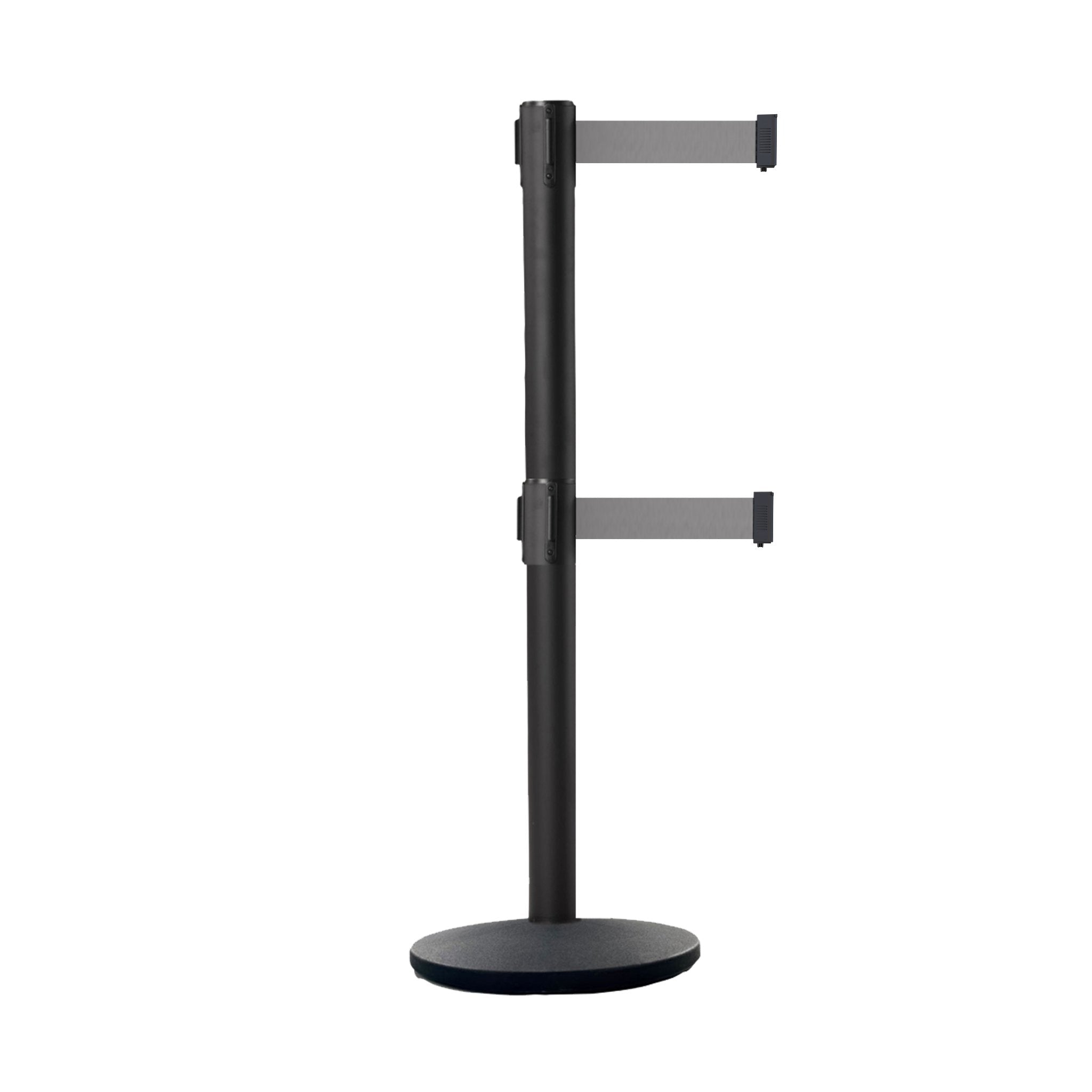 Retractable Dual Belt Belt Barrier Stanchion, Black Post, Cast Iron Base, 7.5 Ft. Belt - Montour Line MI630D - Crowd Control Warehouse