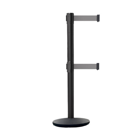 Retractable Dual Belt Belt Barrier Stanchion, Black Post, Cast Iron Base, 7.5 Ft. Belt - Montour Line MI630D - Crowd Control Warehouse