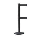 Retractable Dual Belt Belt Barrier Stanchion, Black Post, Cast Iron Base, 7.5 Ft. Belt - Montour Line MI630D - Crowd Control Warehouse