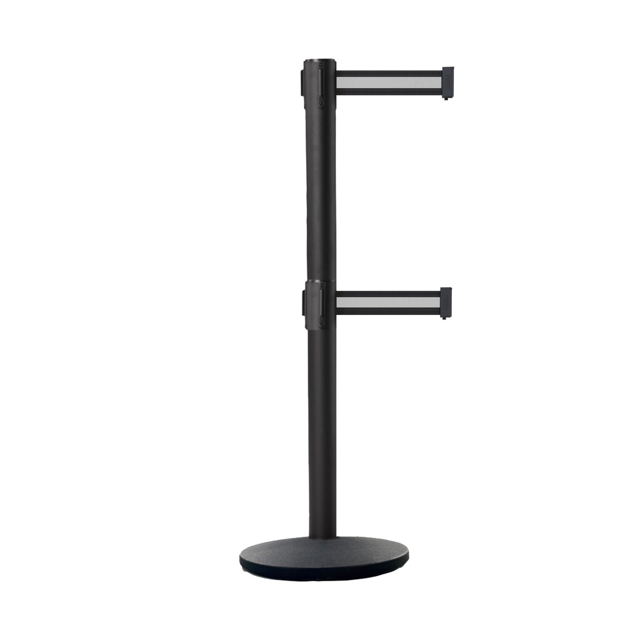 Retractable Dual Belt Belt Barrier Stanchion, Black Post, Cast Iron Base, 7.5 Ft. Belt - Montour Line MI630D - Crowd Control Warehouse